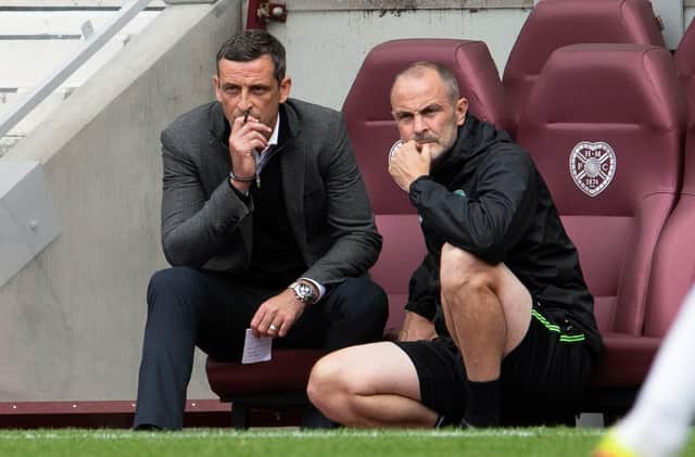 Hibs manager Jack Ross and assistant John Potter in the dug-out at Tynecastle. (Photo by Ross Parker / SNS Group)