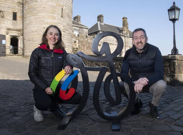 Anna Shackley and Chris Boardman are pictured as Stirling Castle is announced as Stirling is announced as a venue for the 2023 UCI Cycling World Championships,