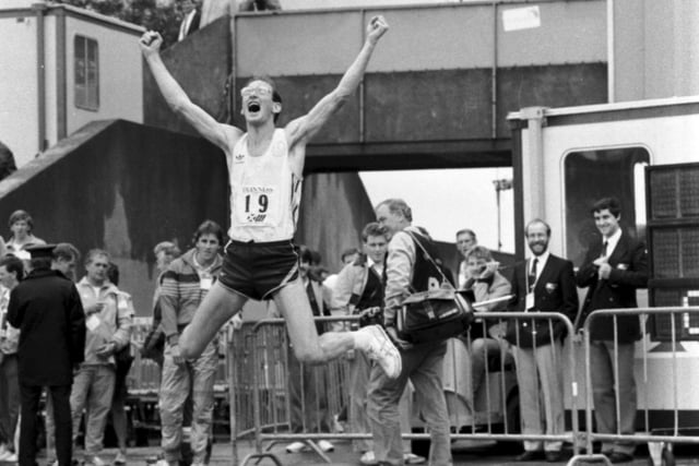 Australian athlete Simon Baker has enough energy left to jump for joy after winning the 30km walk at the 1986 Commonwealth Games in Edinburgh.