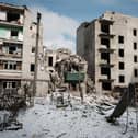 A destroyed building remains in the Ukrainian town of Chasiv Yar