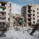 A destroyed building remains in the Ukrainian town of Chasiv Yar