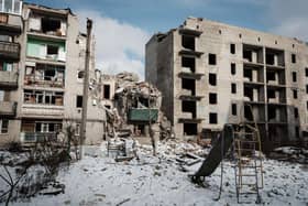 A destroyed building remains in the Ukrainian town of Chasiv Yar
