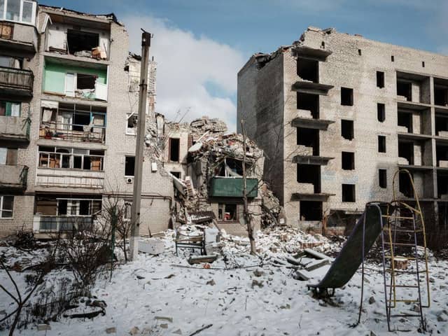A destroyed building remains in the Ukrainian town of Chasiv Yar