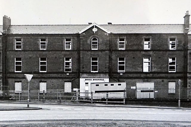This image shows the old Chesterfield Royal Hospital building on Holywell Street looking rather sorry for itself prior to re-develeopment in 1993