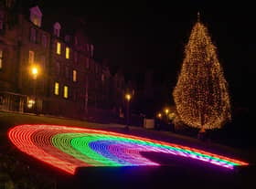 The Christmas Tree and the Christmas Rainbow at the Mound in 2020. Photo by Ian Georgeson.