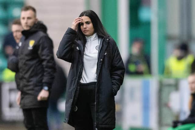 Hearts head coach Eva Olid on the sidelines at Easter Road during the match against Hibs. Picture: SNS