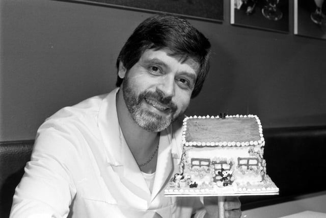 Lawrence Boni (of Mr Boni's Ice Cream Parlour) with the ice cream cake which won him second prize in an undisclosed competition in February 1983.