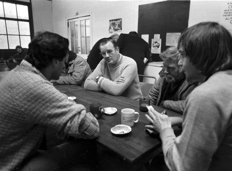 Residents at the City Mission (St Leonards hostel), a homeless shelter for men in Edinburgh, chatting in December 1985.