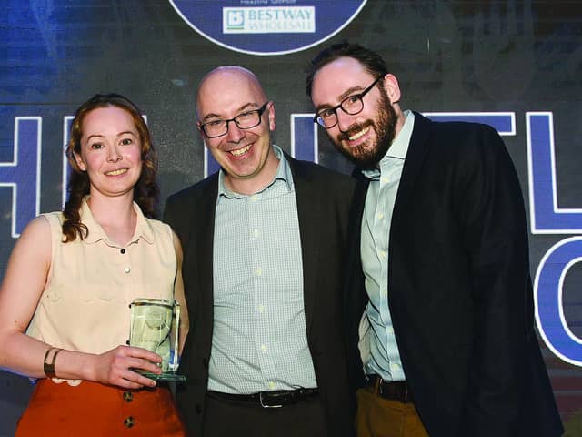 Edinburgh Restaurant Awards 2019. Roberta Hall-McCarron and Sean McCarron of The Little Chartroom flank Evening News editor Euan McGrory. Picture: Neil Hanna Photography