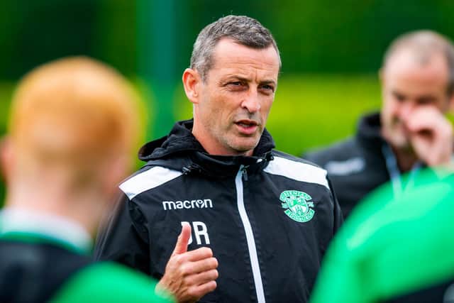 Jack Ross speaks to his players during a pre-season training session at the Hibernian Training Centre