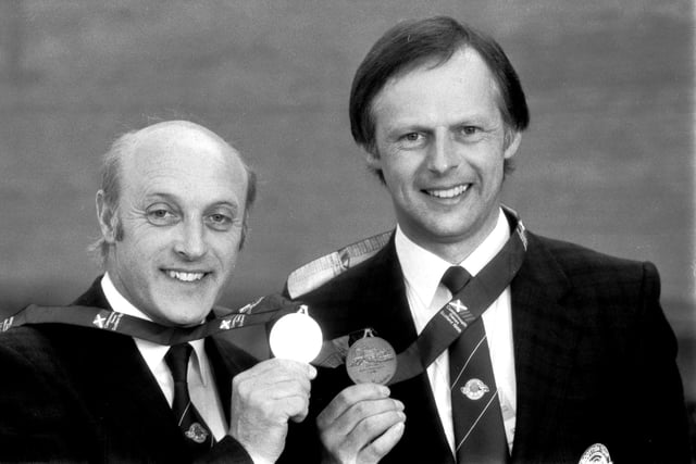 Scottish athletes Alister Allan (left, silver) and John Knowles (bronze) with the medals they won in the small bore rifle shooting event of the 1986 Commonwealth Games at Meadowbank stadium in Edinburgh.