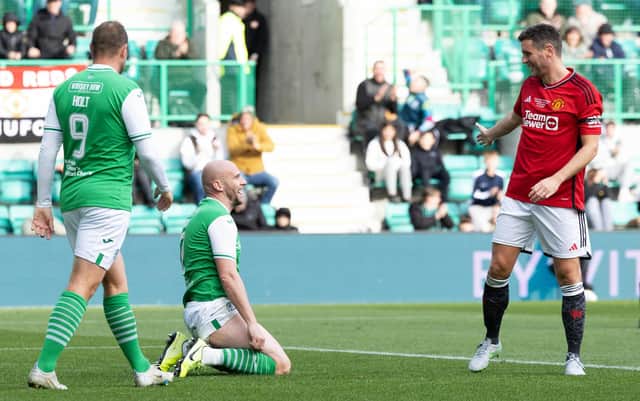 David Gray celebrates scoring to make it 1-0 duringhis Testimonial match between a Hibernian and Manchester United Select at Easter Road. (Photo by Ross Parker / SNS Group)
