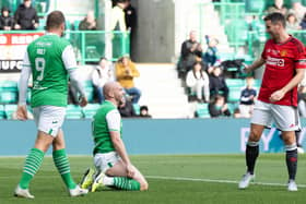 David Gray celebrates scoring to make it 1-0 duringhis Testimonial match between a Hibernian and Manchester United Select at Easter Road. (Photo by Ross Parker / SNS Group)