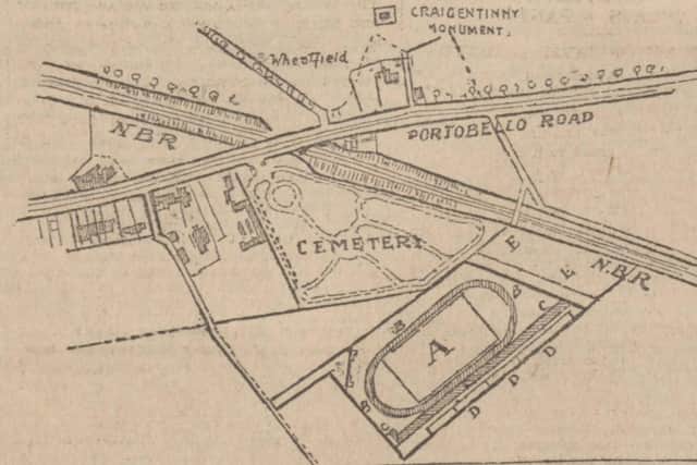 Plans for the new ground as shown in the Evening News in 1906. A is the pitch; B the quarter-mile track; C the sprint track, D the grand stands, and E the ground reserved for NBR sidings