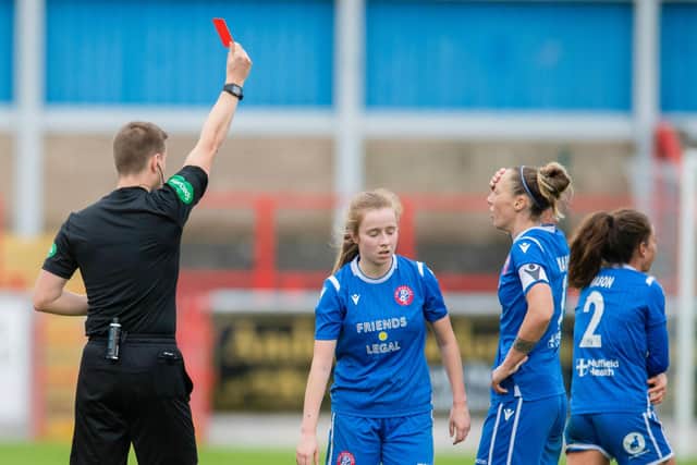 Spartans' Louise Mason, right, is sent off for a second yellow during the SWPL Cup semi-final match against Glasgow City. Picture:  Mark Scates / SN