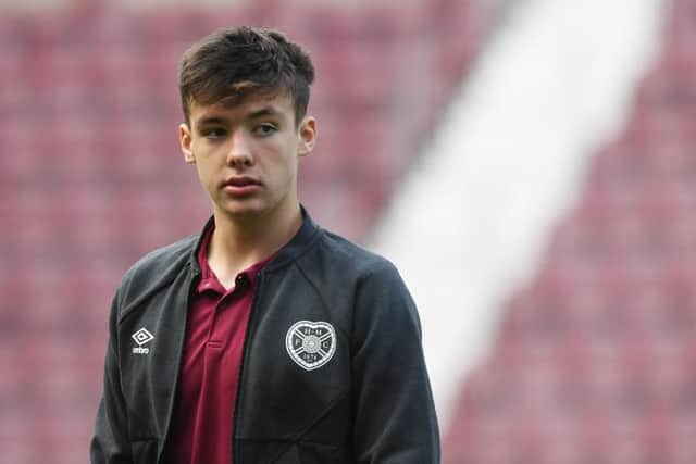 Hearts' Aaron Hickey during the Ladbrokes Premiership match between Heart of Midlothian and Rangers at Tynecastle Park on October 20, 2019, in Edinburgh, Scotland. (Photo by Craig Foy / SNS Group)