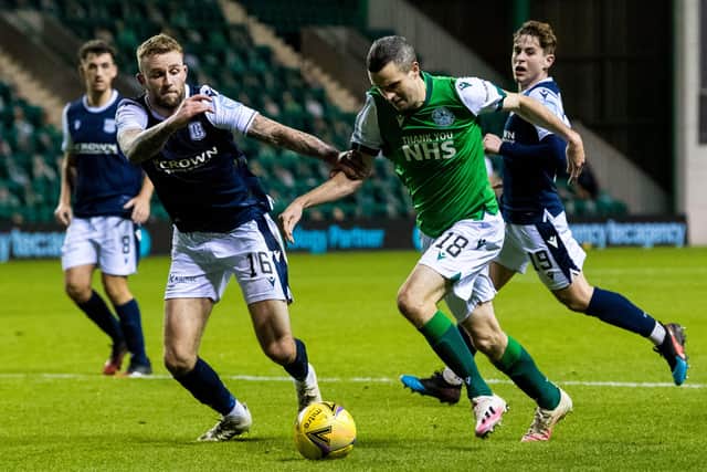 Hibs' Jamie Murphy competes with Christie Elliott of Dundee.