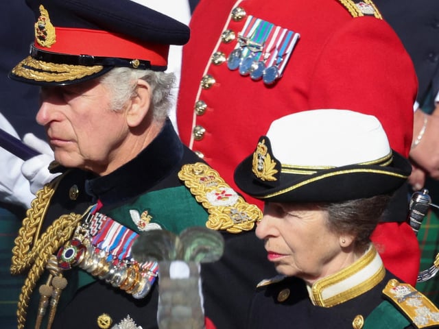 King Charles III and the Princess Royal walk behind Queen Elizabeth II's coffin during the procession from the Palace of Holyroodhouse to St Giles' Cathedral, Edinburgh.