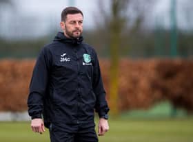 Jamie McAllister takes part in a Hibs training session ahead of the weekend trip to face Celtic