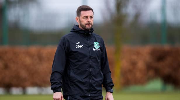Jamie McAllister takes part in a Hibs training session ahead of the weekend trip to face Celtic