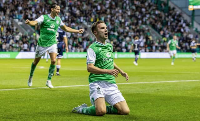 Dylan Vente celebrates after making it 2-1 to Hibs during the victory over Luzern at Easter Road. Picture: SNS
