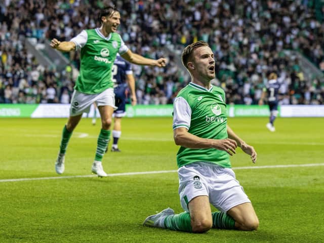 Dylan Vente celebrates after making it 2-1 to Hibs during the victory over Luzern at Easter Road. Picture: SNS