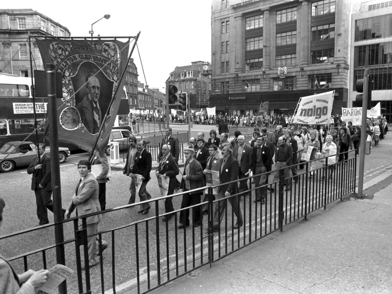 Demonstrators from Nalgo and other trade unions protesting about the cuts to the National Health Service in Edinburgh, September 1980. The marchers make their way up Lothian Road to the Caley cinema.