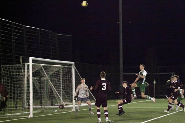 Hibs forward Ethan Laidlaw looks to attack a cross during the mini Edinburgh derby at HTC. Picture: Maurice Dougan