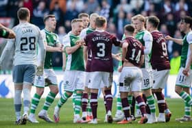 A heated exchange during the Edinburgh derby between Hibs and Hearts.