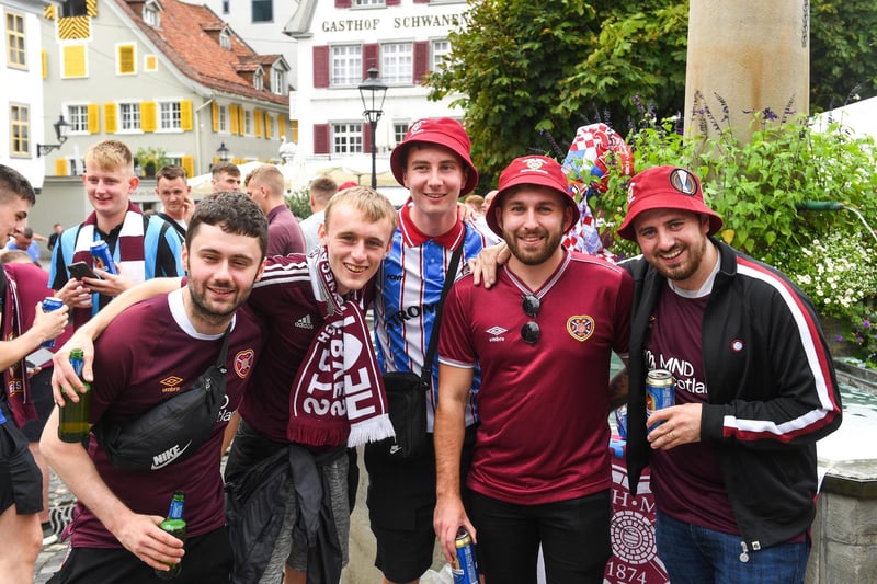 Hearts fans gather before their UEFA Europa League play off match against FC Zurich at Kybunpark in St. Gallen, Switzerland, in August