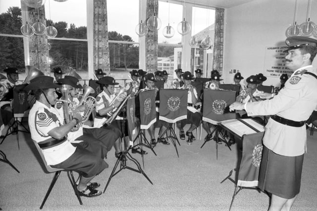 The Tongan police band, wearing the traditional lava lava skirts, entertains staff and patients at the City Hospital in Edinburgh in July 1986.