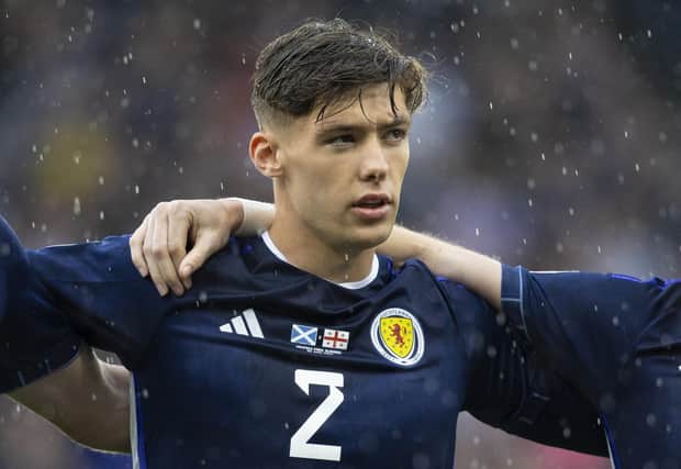 Scotland defender Aaron Hickey has emerged as a major doubt for Euro 2024. (Photo by Ross MacDonald / SNS Group)