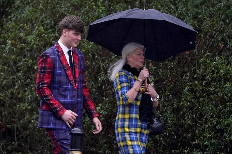 Doddie Weir's wife Kathy and their son Angus leaving Melrose Parish Church after a memorial service.