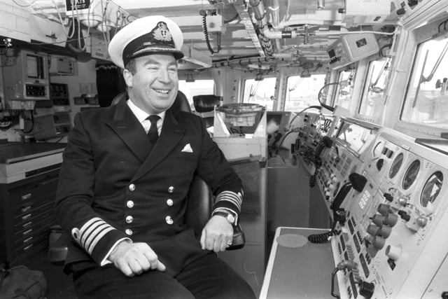Captain Alastair Ross on the bridge of the Royal Navy frigate HMS Edinburgh in April 1988.