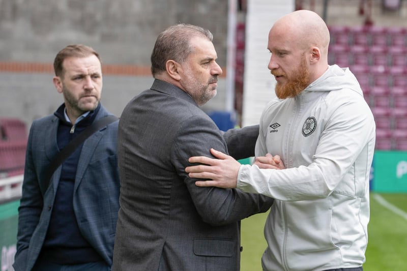 Celtic manager Ange Postecoglou and Hearts striker Liam Boyce before the match