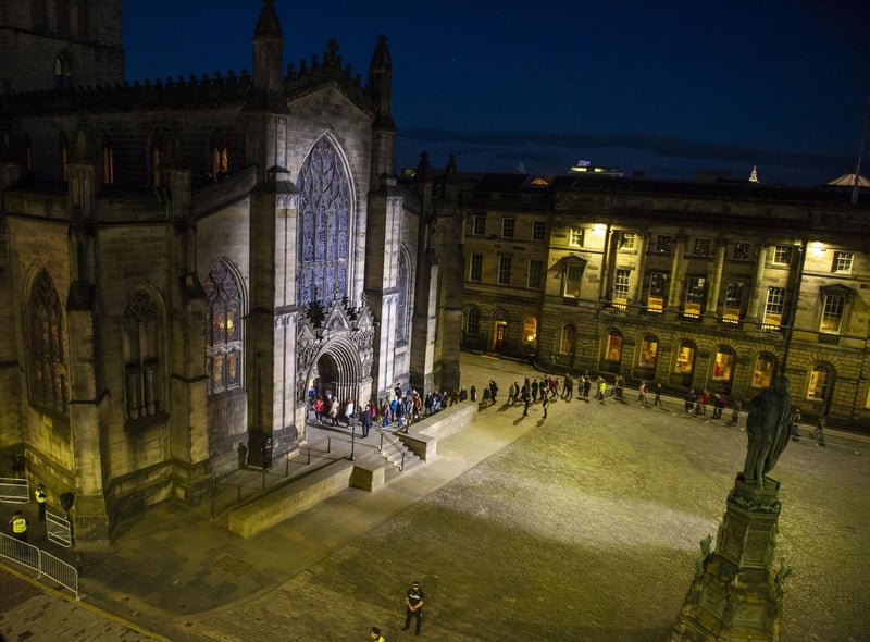 St Giles' Cathedral at dusk as members wait to get a glimpse of the Queen's coffin