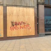 Graffiti on former Jenners store at East end of Princes Street