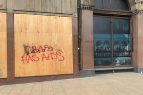 Graffiti on former Jenners store at East end of Princes Street