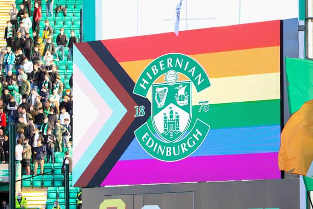 An LGBTIQ+ flag is shown on one of the Easter Road big screens during a cinch Premiership clash
