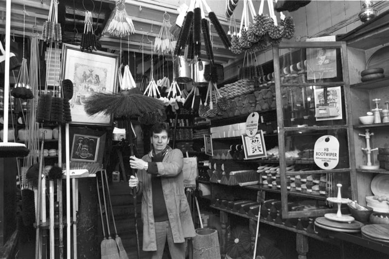 Stephen Gilhooly, owner of Robert Cresser (The Brush Shop) a specialised ironmongers in Victoria Street Edinburgh. Picture taken December 1985.