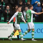Will Fish celebrates with his Hibs team-mates after opening the scoring in the recent win over Kilmarnock. Picture: SNS