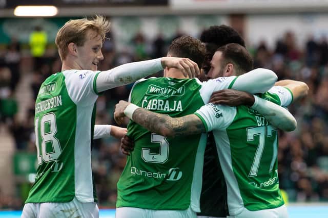 Hibs players celebrate Martin Boyle's opener from the penalty spot. Picture: Paul Devlin / SNS