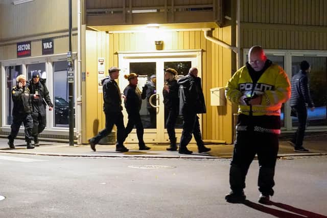 Police work at the scene where a man armed with bow killed several people before he was arrested by police in Kongsberg, Norway on October 13, 2021. - A man armed with a bow and arrows killed several people and wounded others in the southeastern town of Kongsberg in Norway on October 13, 2021, police said, adding they had arrested the suspect. "We can unfortunately confirm that there are several injured and also unfortunately several killed in this episode," local police official Oyvind Aas told a news conference. "The man who committed this act has been arrested by the police and, according to our information, there is only one person involved." (Photo by Torstein Bøe / NTB / AFP) / Norway OUT (Photo by TORSTEIN BE/NTB/AFP via Getty Images)