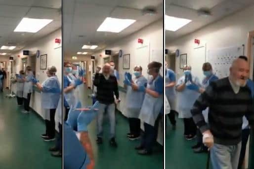 Medics applauded as the pensioner was discharged from hospital