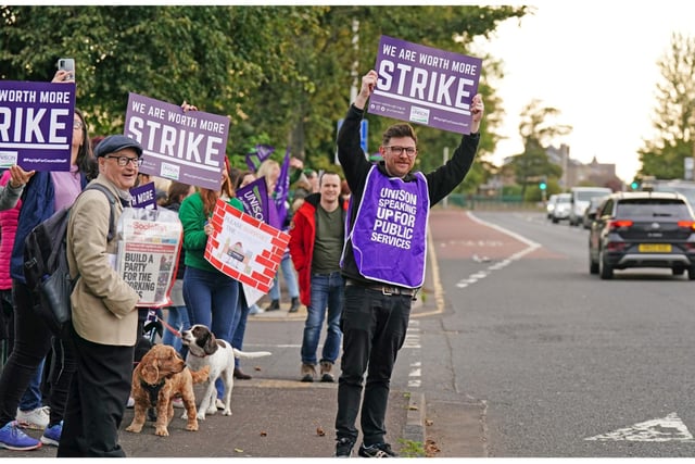 At Portobello High School in Edinburgh, around 30 school support staff stood on the picket lines with placards emblazoned with slogans such as “pay up for council staff”, “no pay, no play” and “we are worth more”.