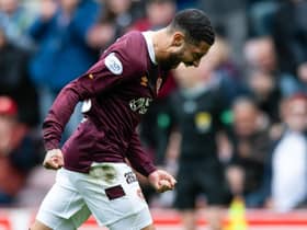 Josh Ginnelly celebrates after his goal is awarded via VAR, putting Hearts 2-0 ahead. Picture: SNS