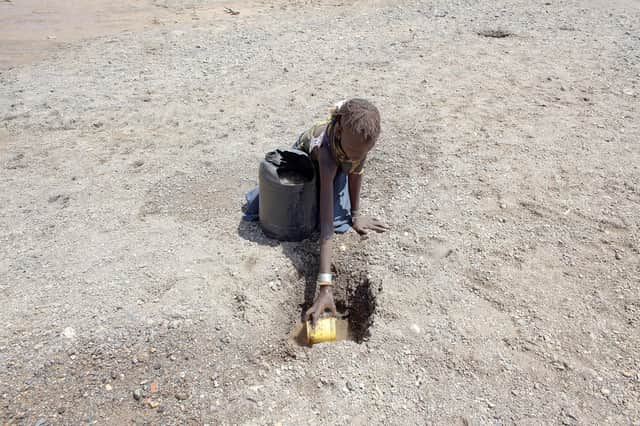 A young girl from the remote Turkana tribe in northern Kenya digs a hole in a dried-up river bed to retrieve water (Picture: Christopher Furlong/Getty Images)