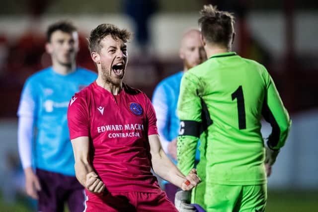 Brora Rangers' Martin MacLean celebrates after his side pulled off one of the biggest Scottish Cup shocks, beating Hearts 2-1 in last year's competition. Picture: SNS