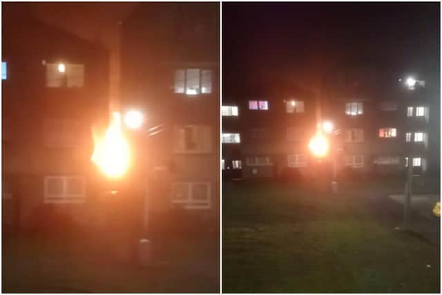 Stills taken from video footage of the bonfire, which shows the blaze through an alleyway between two nearby houses. (Credit: Lukasz Pokora)