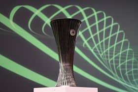 A general view of the Europa Conference League trophy at UEFA's headquarters in Nyon